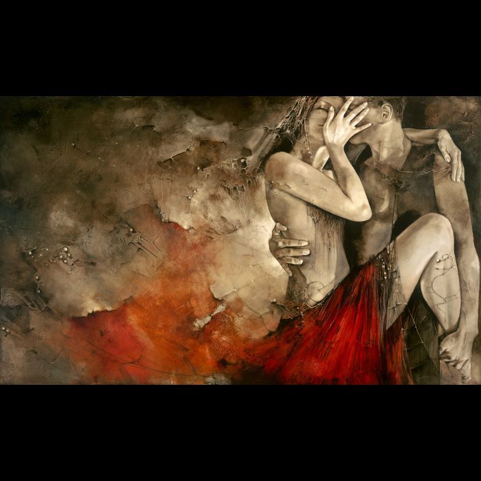 a painting of two people hugging each other with red and black paint on the wall behind them