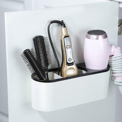 The 3-in-1 compartments of the hair tool organizer cabinet door can be organized to hold hair dryer, curling wands, hairbrushes, combs, razors or makeup tools well, making it easy to reach. keep your countertops area organized and clutter-free. The hair tool holder for hair dryer and curling iron fits inside the cabinet door or on the counter, saving you precious countertop space. Blow dryer and curling iron holder is not afraid of moisture or high temperature, made of high quality Acrylonitrile Hair Dryer And Straightener Holder, Hair Supplies Organization, Diy Hair Dryer Holder, Hair Tool Holder, Hair Straightener Holder, Straightener Holder, Curling Iron Holder, Hot Hair Tools, Curling Wands