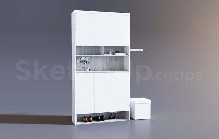 a white cabinet with shoes on it and a trash can next to it in front of a gray background