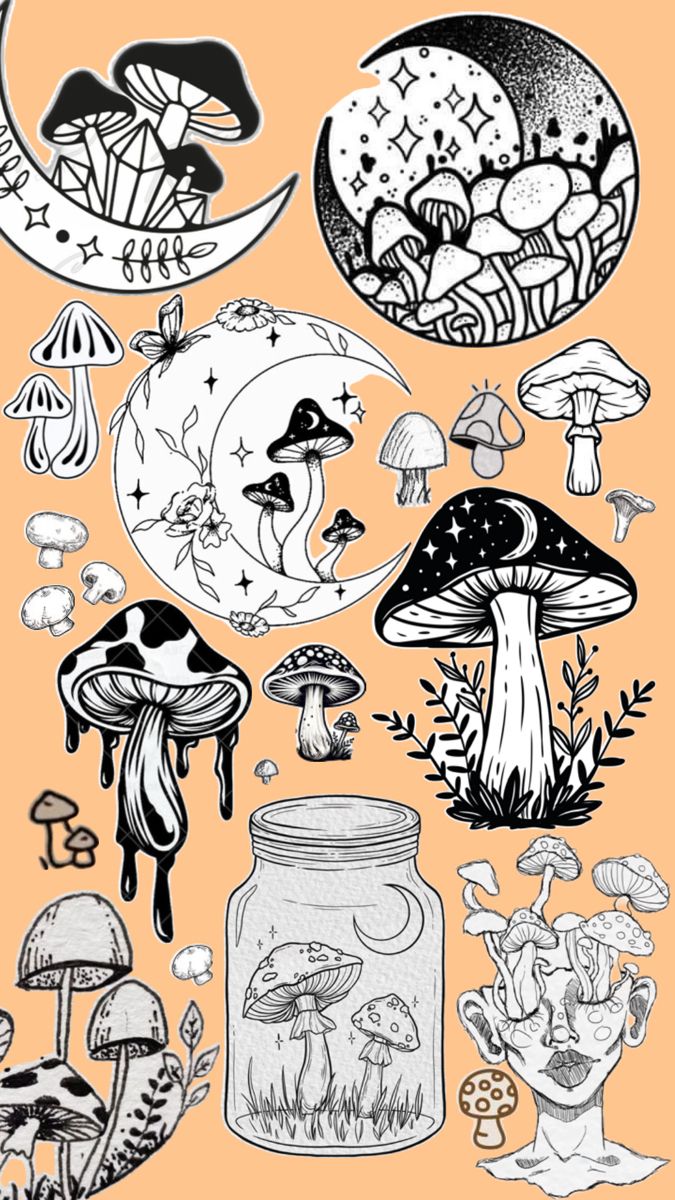 an assortment of mushrooms and plants in black and white ink on orange paper, with the moon