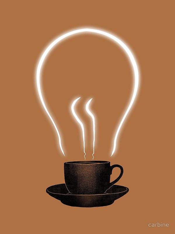 a coffee cup with steam rising out of it's top, in front of a lightbulb