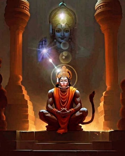 an image of buddha sitting in the middle of a room with columns and lights on it