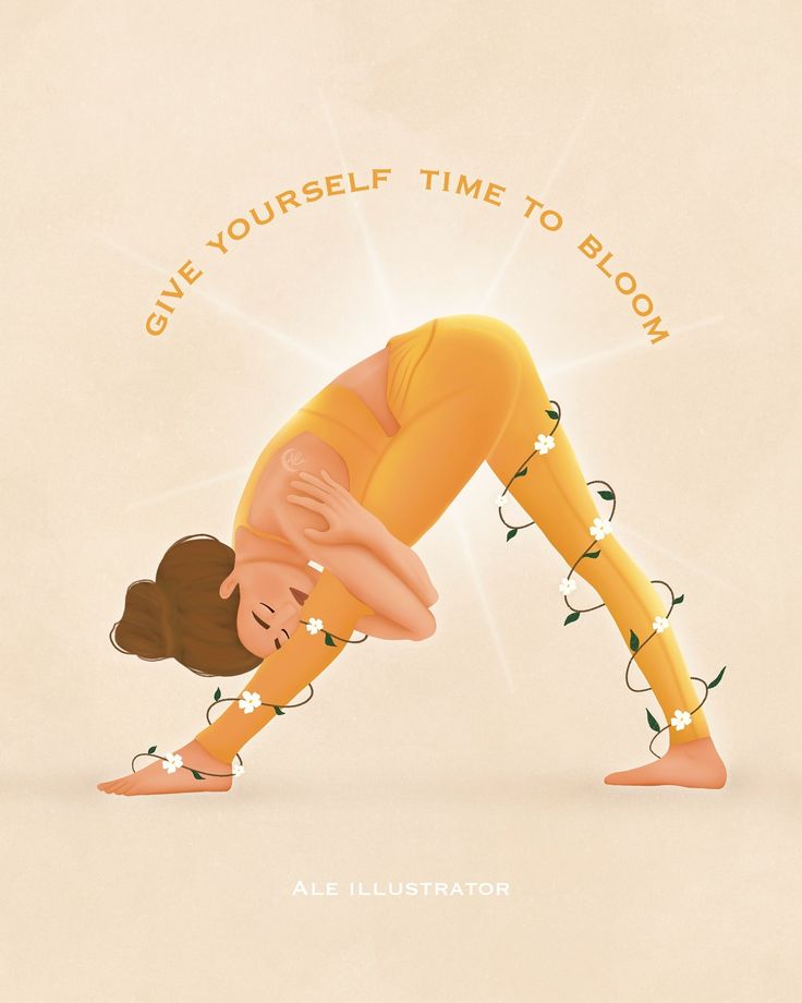 a woman is doing yoga with the words give yourself time to bloom