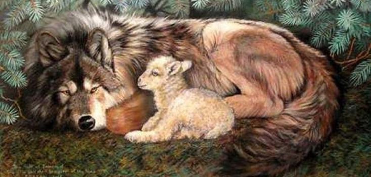 a painting of a wolf and her baby