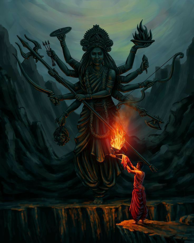 a painting of a woman holding torches in front of a demon with flames coming out of her hands