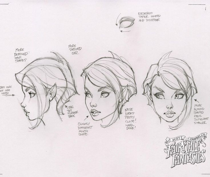 three sketches of female heads with different facial expressions and hair styles, all drawn in pencil