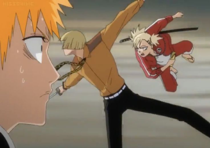 two anime characters in action with one holding the other's hand up to his head