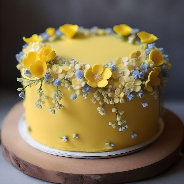 a yellow cake with flowers on it sitting on a table