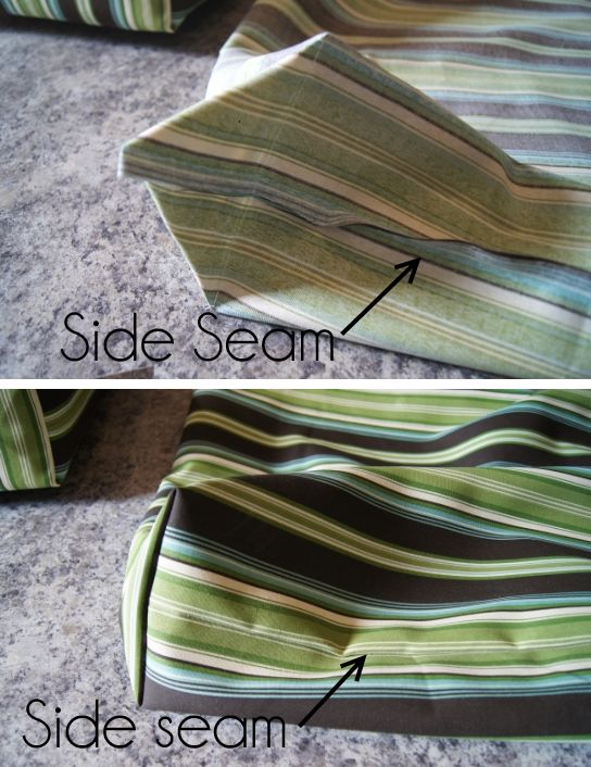 two pictures showing how to sew the side seam on a striped shirt and tie