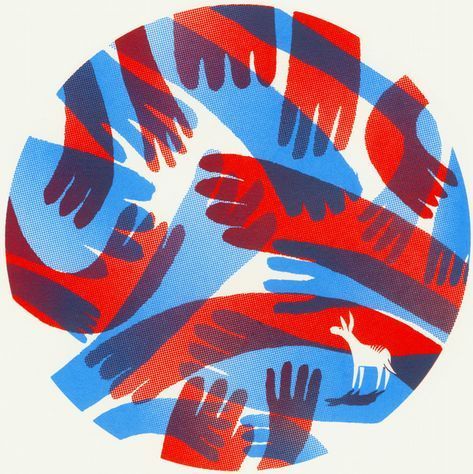 many hands are in the shape of a circle with red, white and blue colors