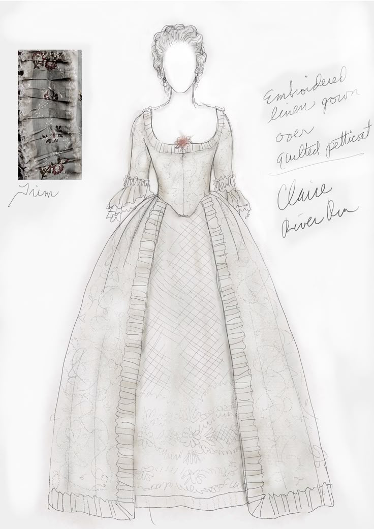 Victorian Dress Drawing, Victorian Era Dresses, Terry Dresbach, Outlander Costumes, Rococo Dress, Costume Design Sketch, Gown Drawing, 18th Century Dress, Dress Illustration