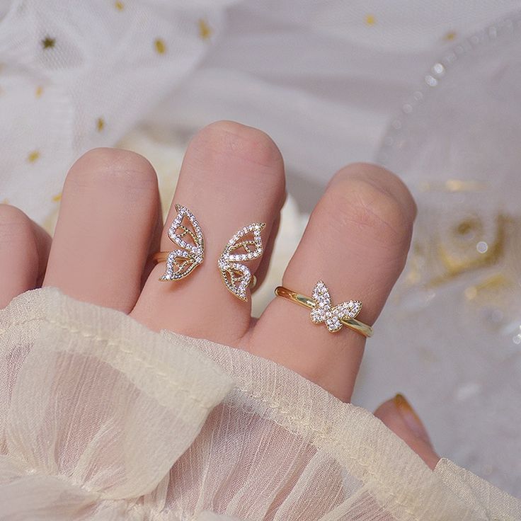 Butterfly Rings, Ring Settings Types, Butterfly Ring, Open Design, Finger Rings, Gold Butterfly, Fashion Ring, Cz Ring, Girly Jewelry