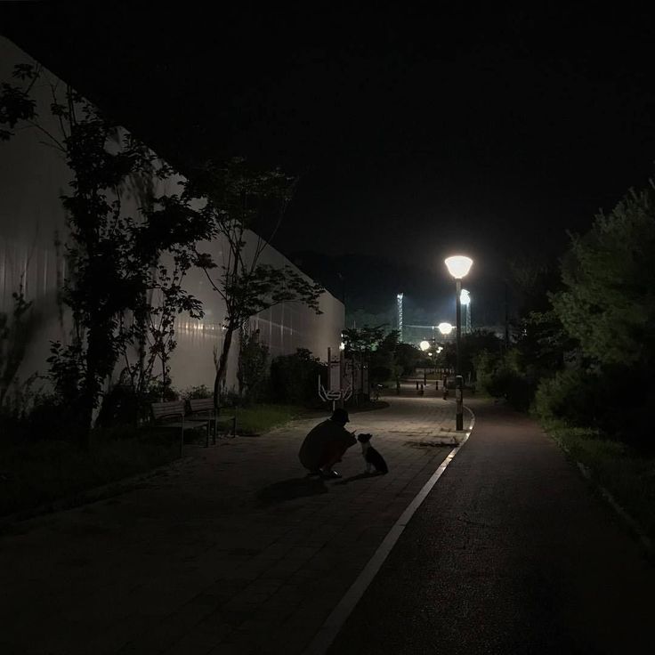 a person sitting on the side of a road at night with a street light in the background