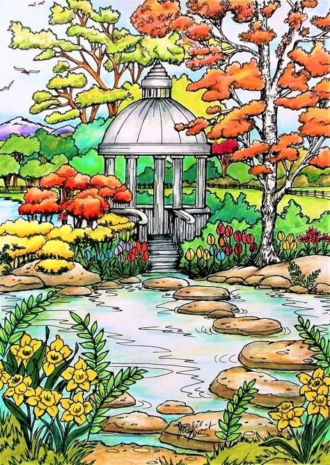 a drawing of a gazebo surrounded by trees and flowers in the background is water