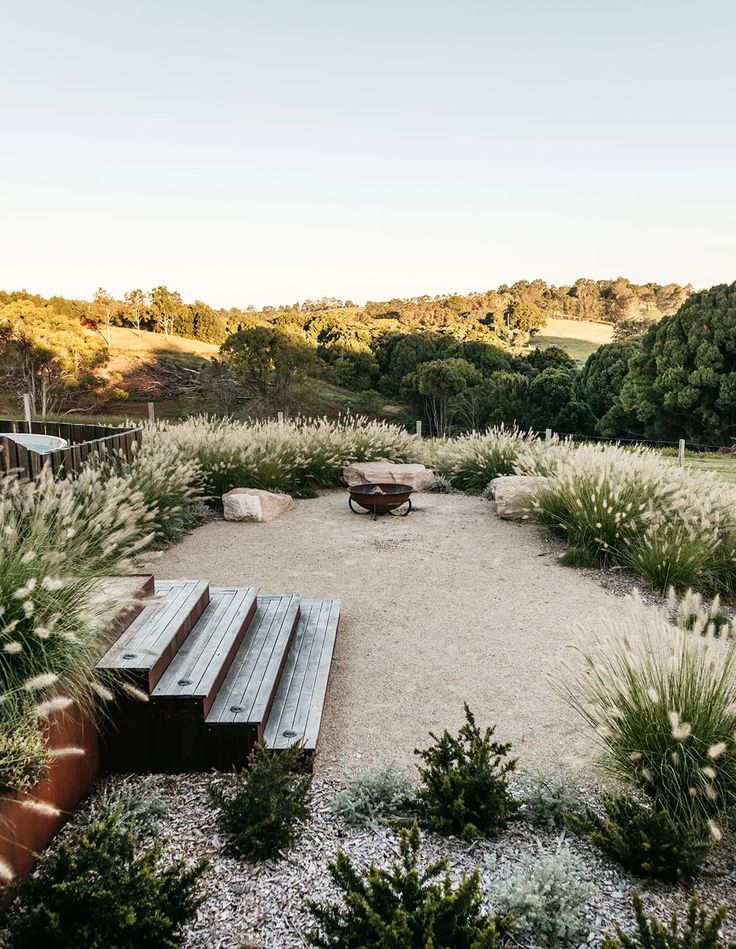 an empty park with benches and plants in the foreground