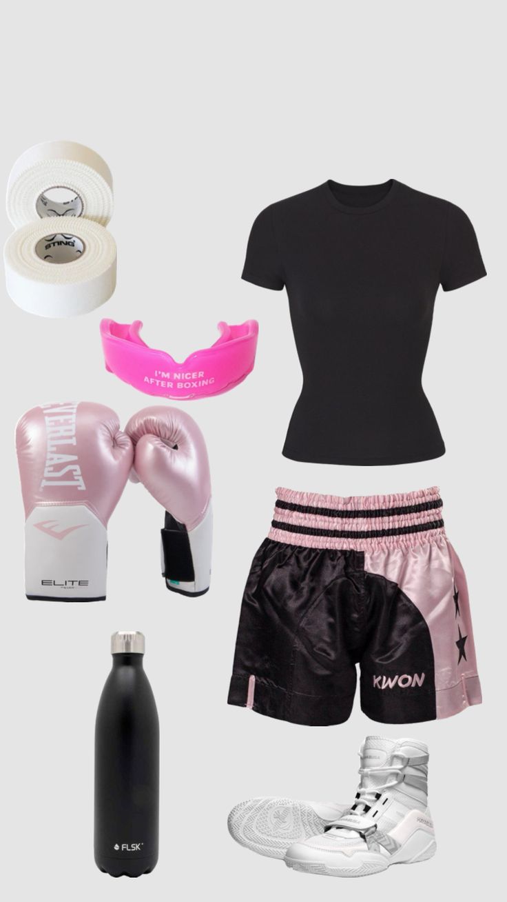 a woman's outfit with boxing gloves, water bottle and other items