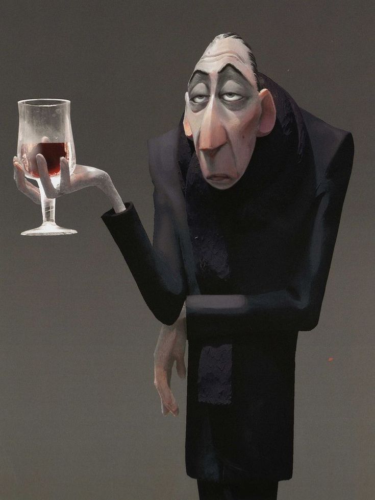 a cartoon character holding a wine glass in one hand and an evil looking man's face on the other