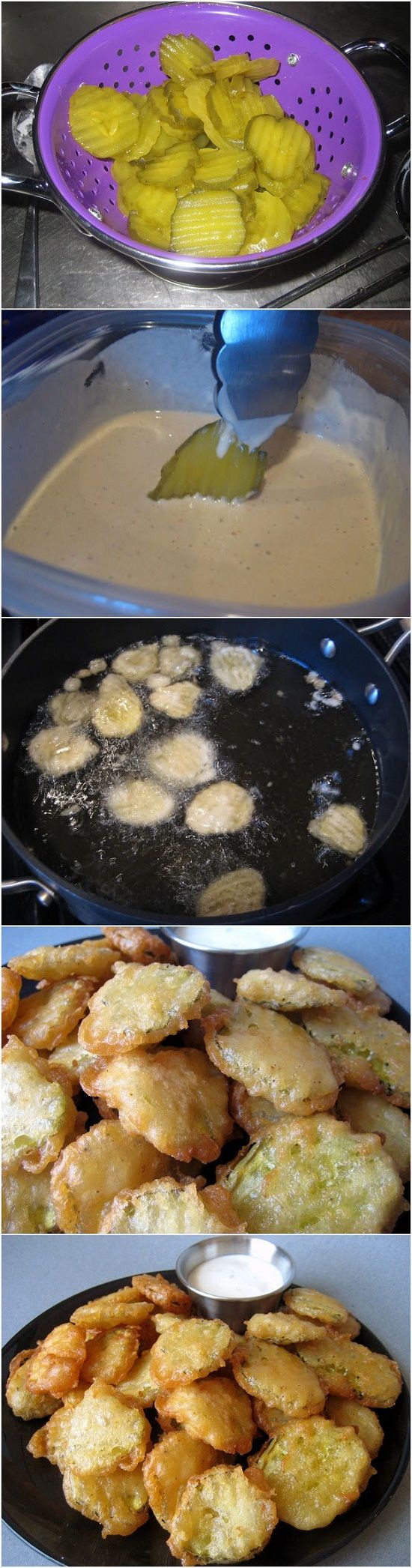 the process of making fried food is shown in three different stages, including frying and cooking