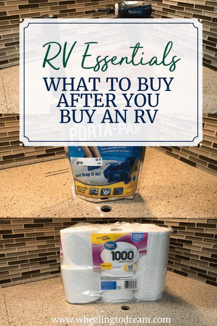 an empty toilet in a store with the words rv essentials what to buy after you buy