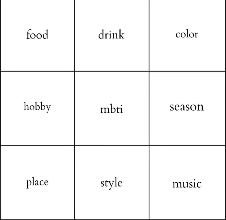 four squares with words that spell out food, drink, and other things in them