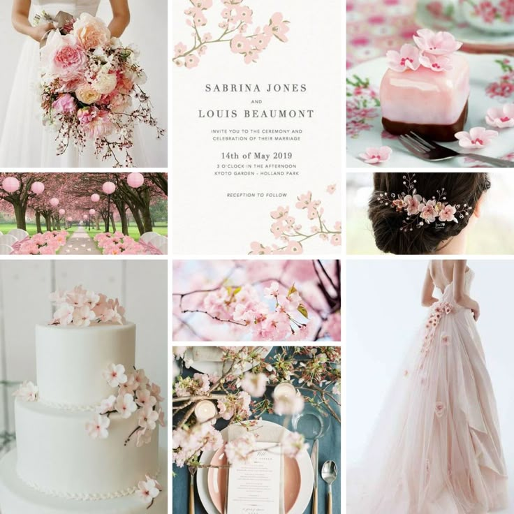 a collage of photos with pink flowers and wedding cake in the middle, along with other pictures