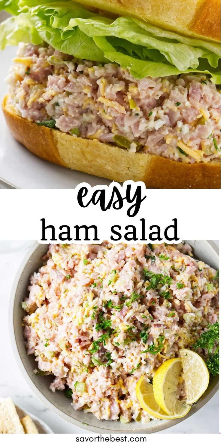 ham salad with lettuce and lemons in a bowl next to a sandwich