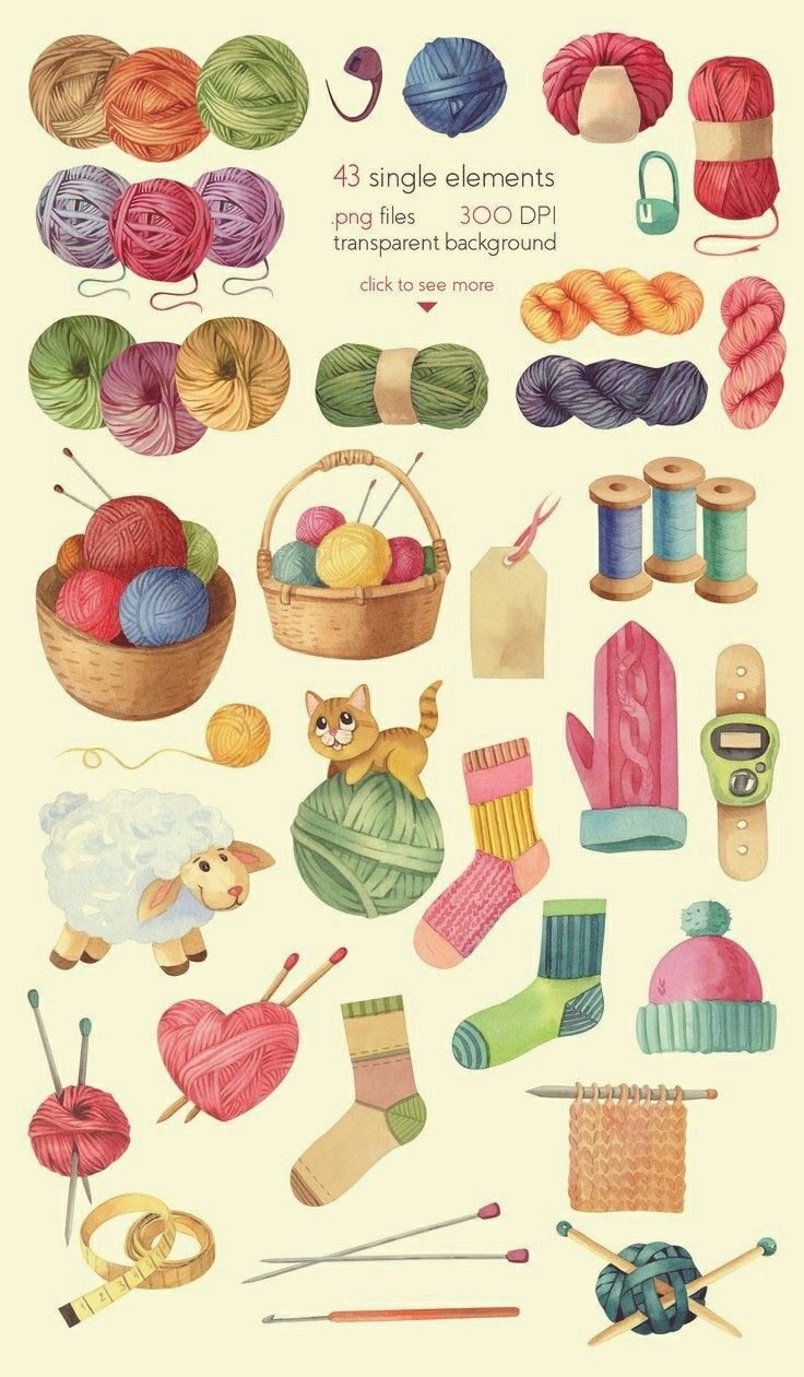 watercolor illustrations of different types of yarn and knitting needles