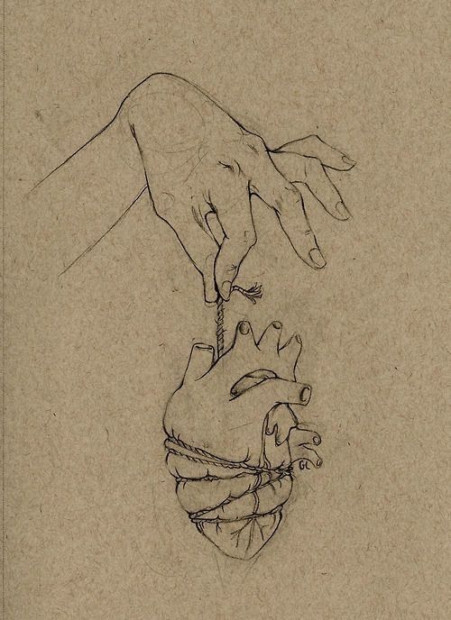 a drawing of two hands touching each other over a human body's heart, with another hand reaching for it