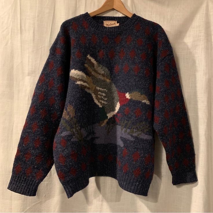 Woolrich Wool Duck Sweater Size Xl. Measurements Pit 27”, Length 26.5”, Arm 22”. Cozy Grandpa Sweaters, Vintage Grandpa Sweater, Sheep Camp Sweater, Duck Sweater, Woolrich Sweater, Aztec Wear Mens Sweaters, Thrift Manifestation, Grandpa Sweater, Sweaters Crewneck