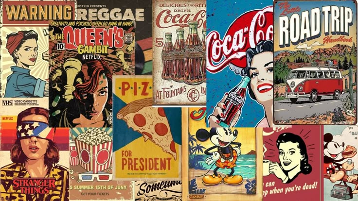 various vintage advertising signs are displayed together