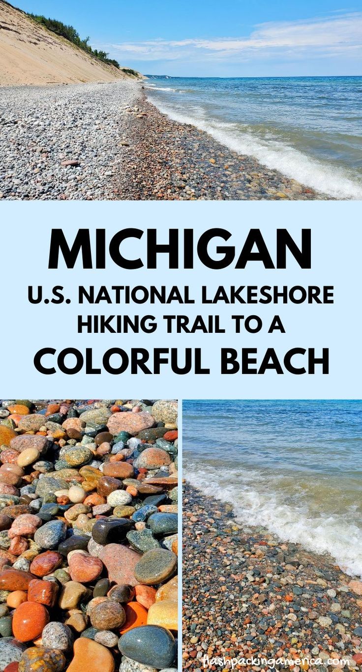 michigan's national lakeshore hiking trail to waterfalls and beach is featured in this postcard