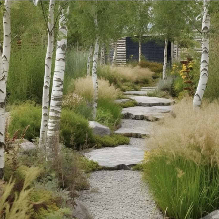 an image of a garden with trees and rocks on it's path to the entrance