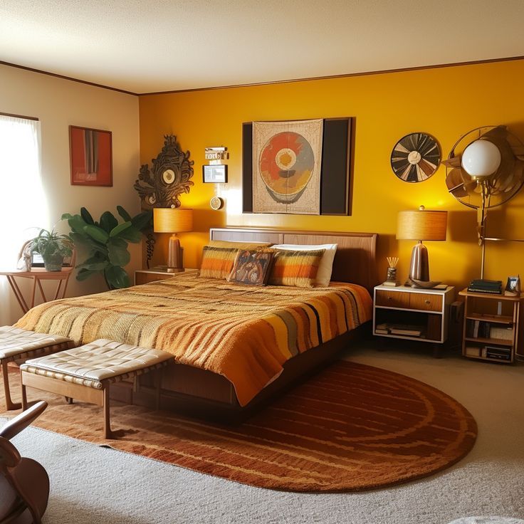 a bedroom with yellow walls and orange bedding in the center, white rug on the floor