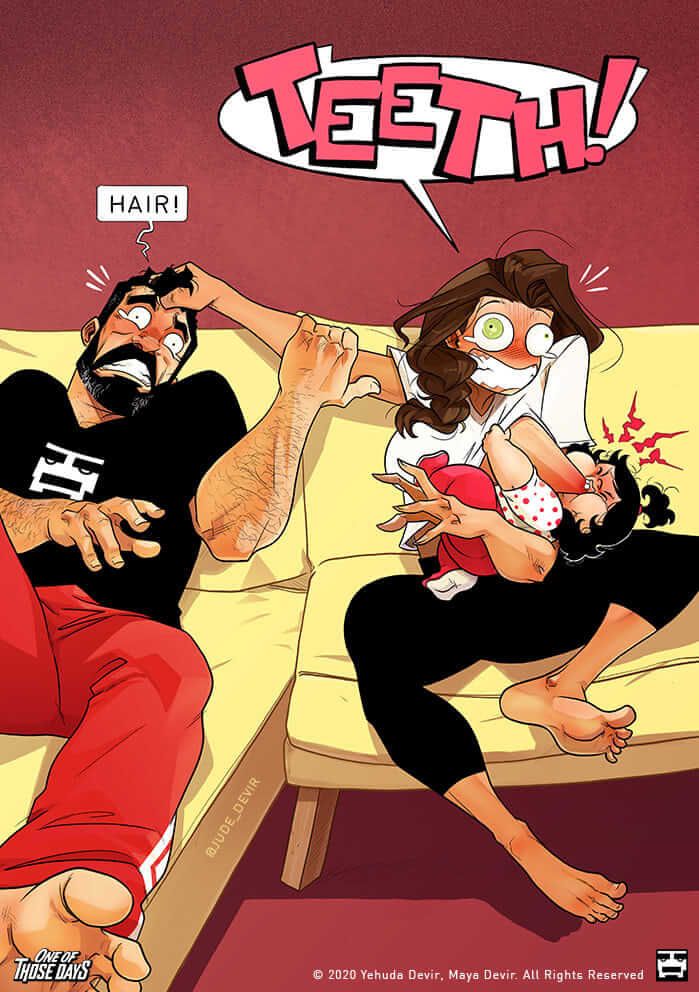 a man and woman sitting on top of a couch in front of a comic strip