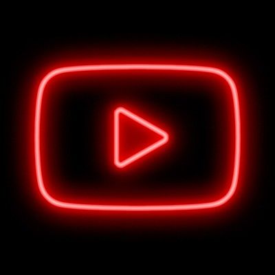 a red neon sign with an arrow in the center on a black background that says youtube