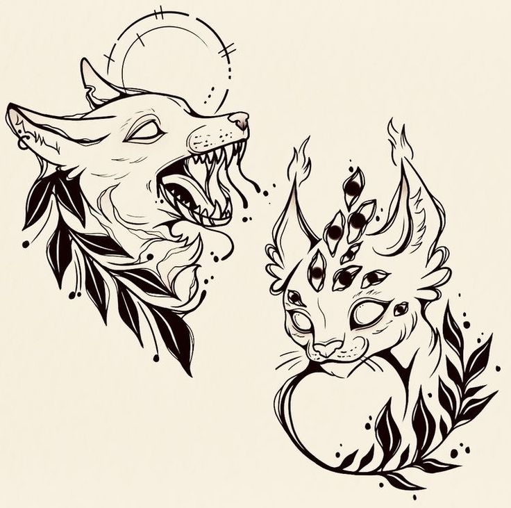 an image of two animals that are in the same line art style, one is growling