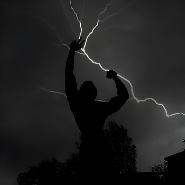 the silhouette of a man is holding his fist up in front of a lightning storm