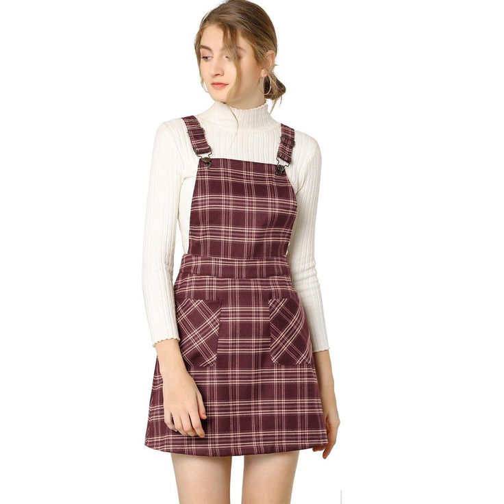 Add a versatile layer to your new-season wardrobe with this suspender skirt. It features all-over plaids and has adjustable shoulder straps. Simple and classic design with above knee length and a-line silhouette. This sweet, classic and stylish overall skirt is suitable for office, vacation, casual wear, school, party, and daily wear, and is perfect for spring, summer, autumn, and winter. Prom Costume, Casual Halloween, Overall Skirt, Spring Wear, Suspender Skirt, Suspender Dress, Pinafore Dress, Overall Dress, Halloween Women