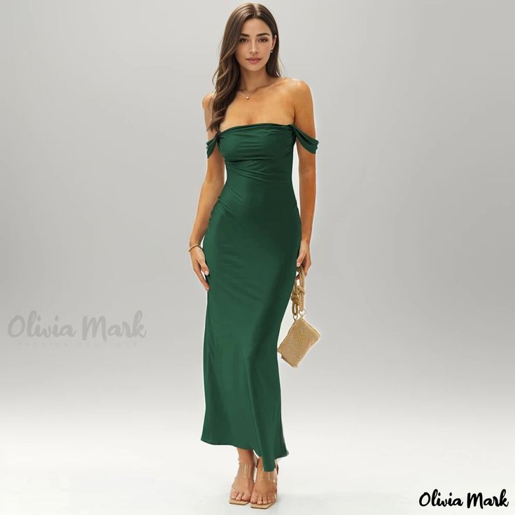 Olivia Mark - Elegant Off-Shoulder Maxi Dress in Satin for Evening Events Dress For Evening, Off Shoulder Evening Gown, Satin Evening Gown, Satin Evening Dresses, Evening Gown Dresses, Home Dress, Types Of Skirts, Evening Gown, Silk Satin