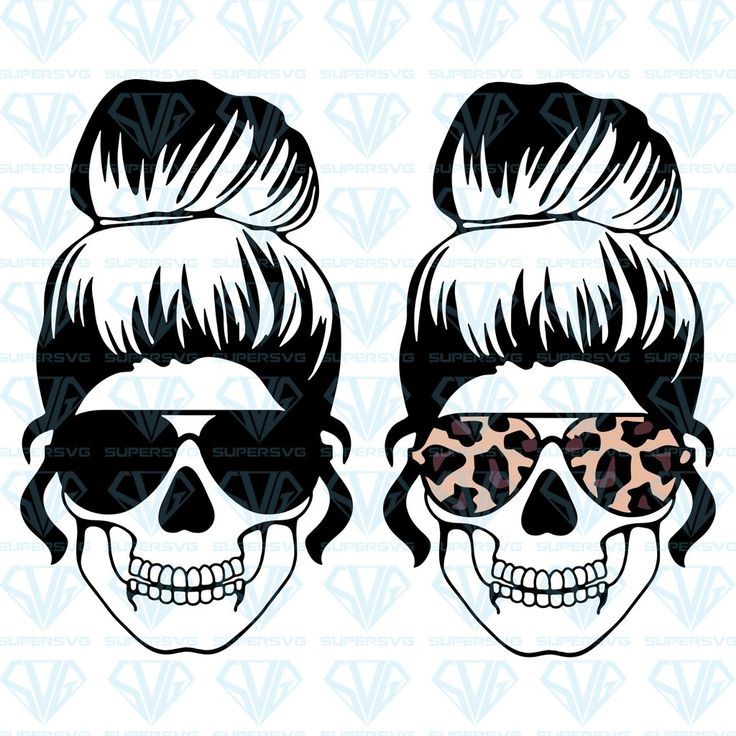 two skulls wearing sunglasses with hair and leopard print on the front, one skull in the back