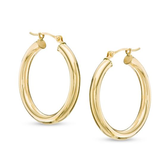 Big on style, these hoop earrings are a great go-with-everything look. Crafted in warm 14K gold, each earring measures 3.0 x 25.0mm. Polished to a bright shine, these earrings secure with latch backs. Formal Yellow Gold Hoop Earrings With Ear Wire, Timeless Hoop Earrings For Anniversary, Classic Yellow Gold Hoop Earrings For Anniversary, Anniversary Hoop Earrings With Shiny Finish, Timeless Hypoallergenic Hoop Earrings, Formal Hoop Huggie Earrings With Ear Wire, Yellow Gold Oval Hoop Earrings With Ear Wire, Classic Hoop Earrings For Anniversary, Timeless Hoop Earrings With Spring Ring Clasp