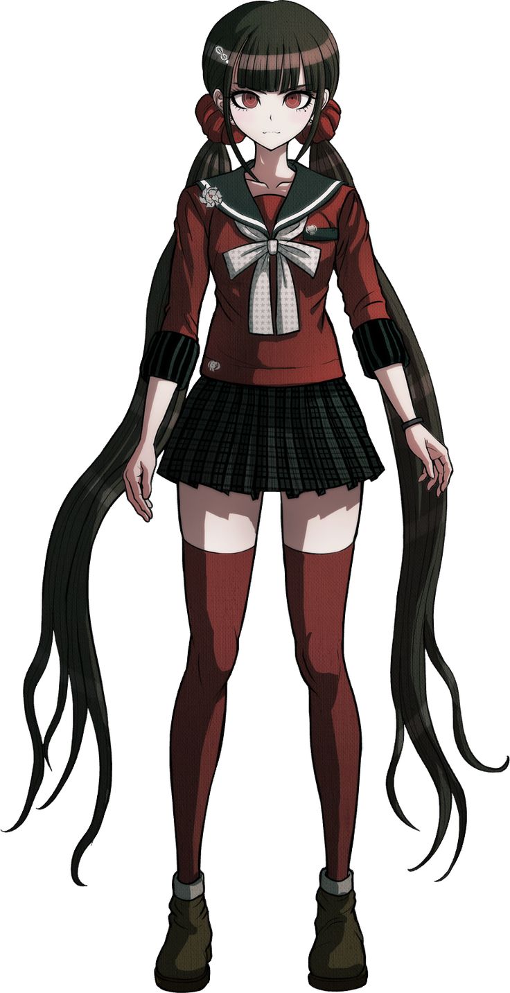 an anime character with long black hair wearing a red shirt and skirt, standing in front of