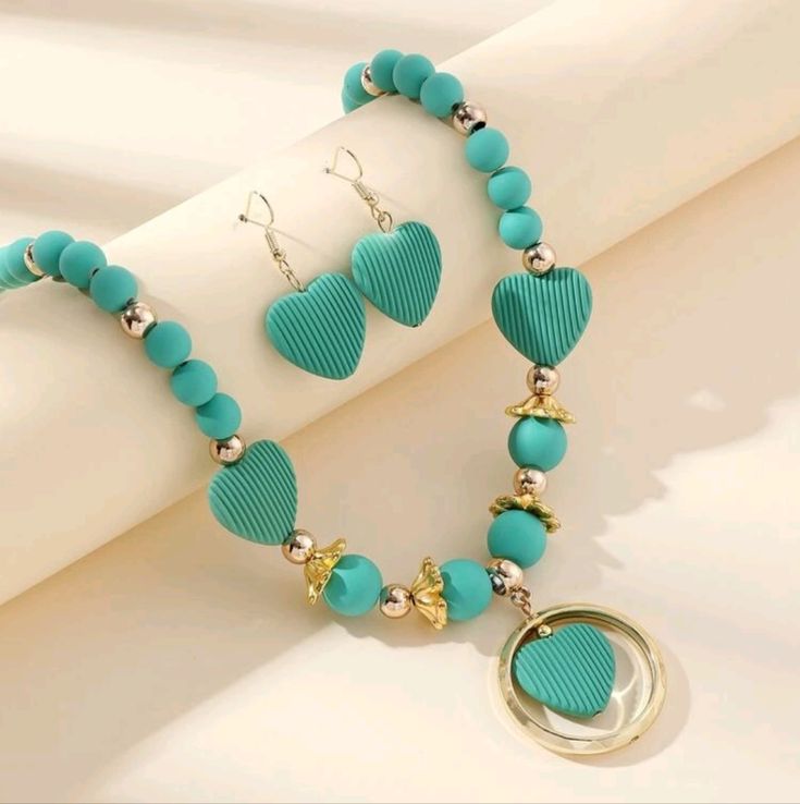 Matching Heart Necklace & Earrings Set Turquoise & Gold Beads Necklace Is Clasp Closure With Extender Chain Tags: Boho Bohemian Festival Summer Geometric Coord Sets Statement Business Casual Travel Vacation Gift Sale Trendy N#222 Elegant Heart-shaped Jewelry With Colorful Beads, Elegant Heart-shaped Colorful Beads Jewelry, Elegant Heart-shaped Colorful Beaded Jewelry, Blue Heart-shaped Jewelry With Colorful Beads, Turquoise Heart-shaped Jewelry With Colorful Beads, Heart-shaped Turquoise Jewelry With Colorful Beads, Elegant Turquoise Heart Beads Jewelry, Elegant Turquoise Jewelry With Heart Beads, Green Heart-shaped Jewelry With Colorful Beads