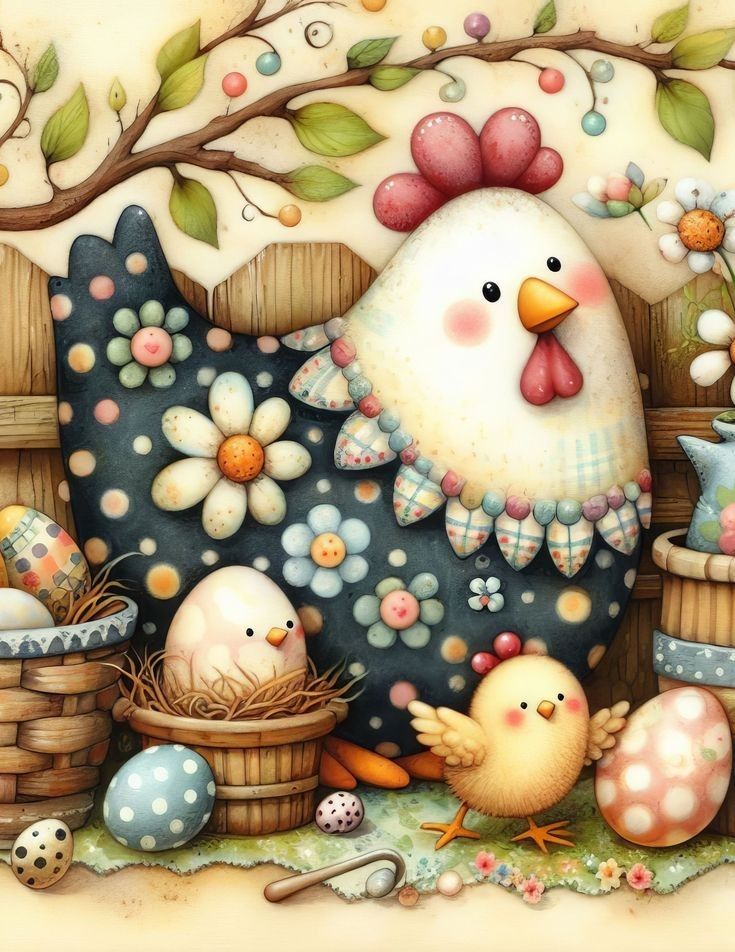 a painting of an egg laying on the ground next to some chickens and eggs in baskets