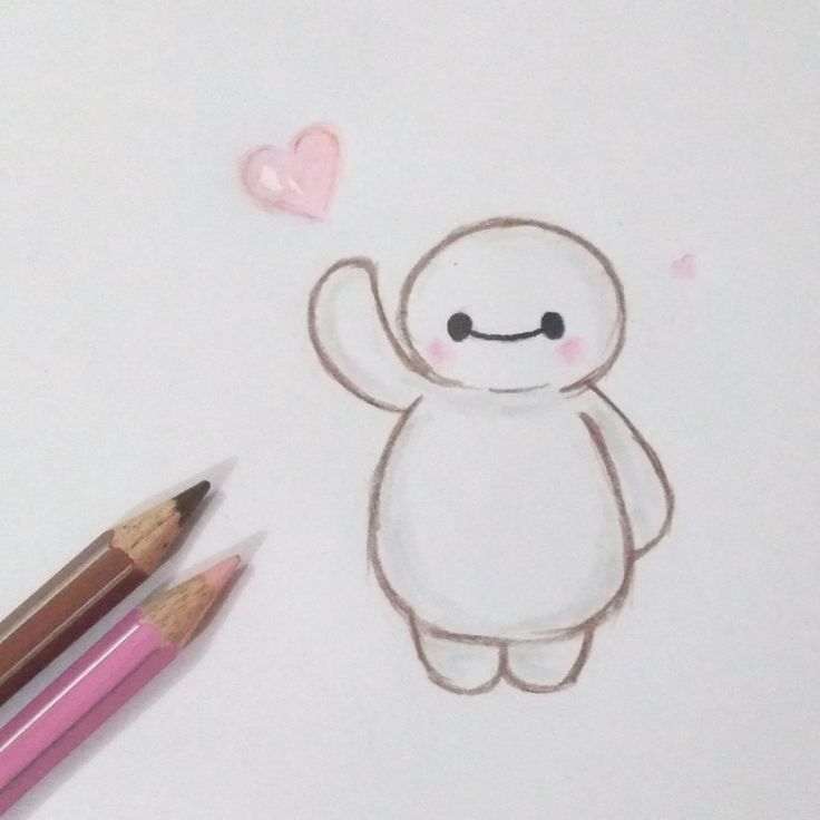 a drawing of a teddy bear with two pencils next to it and a heart shaped object in the background