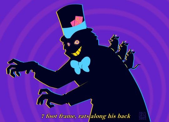 a black cat with a top hat and bow tie on it's head is standing in front of a purple background