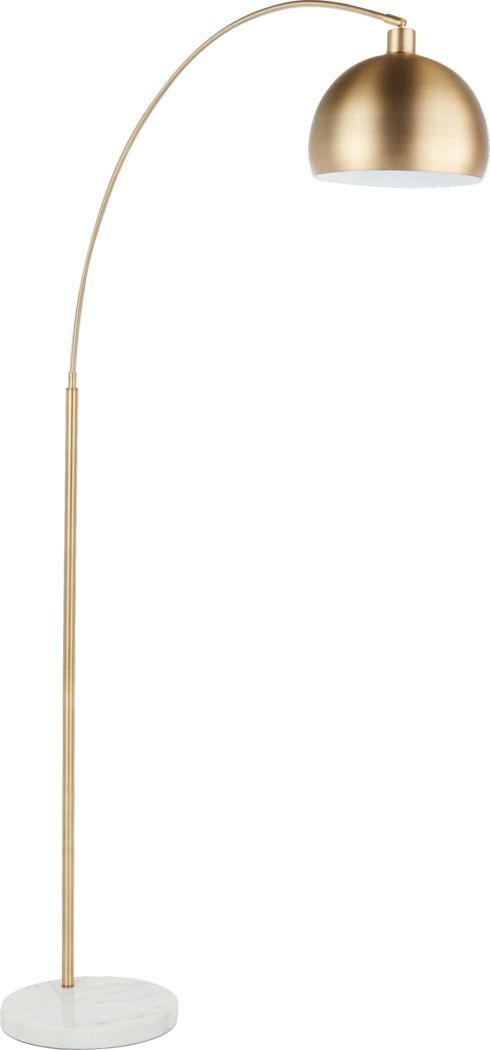 an adjustable floor lamp with a marble base and gold colored metal shade, on a white background