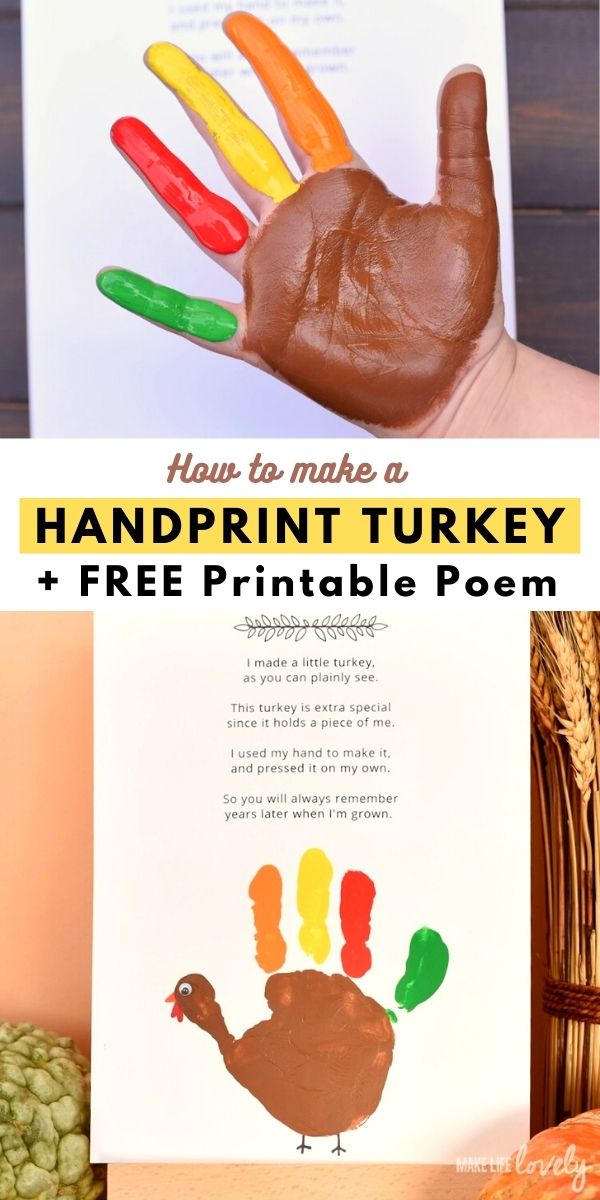 a handprint turkey and free printable poem for kids to play with on thanksgiving