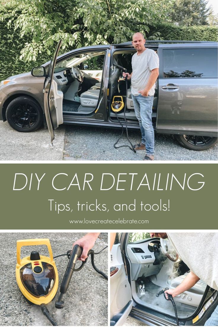 a man standing next to a car with tools in it and the words diy car detailing tips and tools