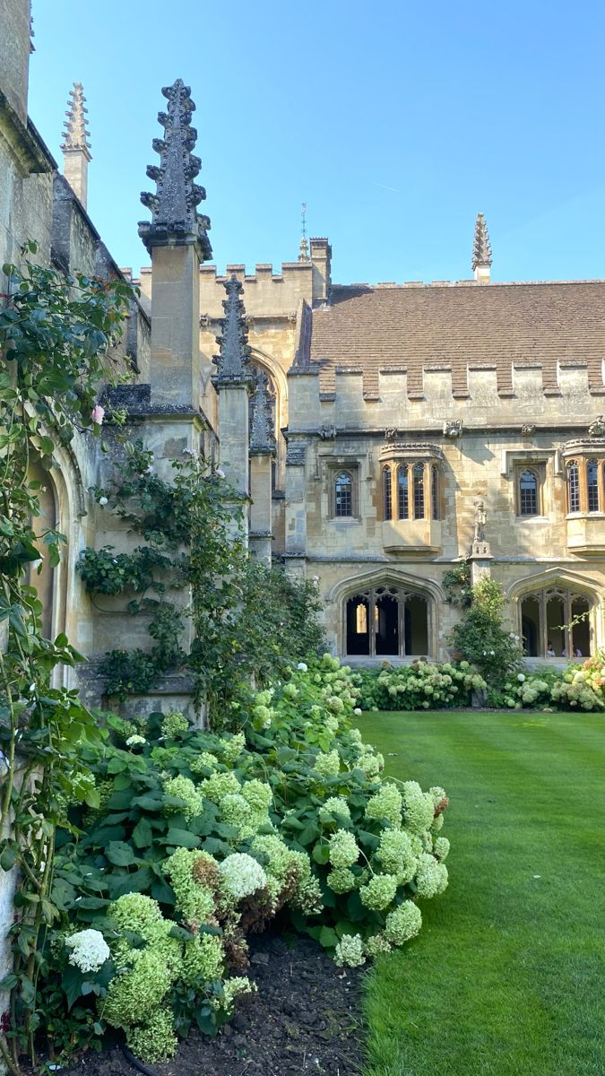 a large building with many windows and plants in the front yard